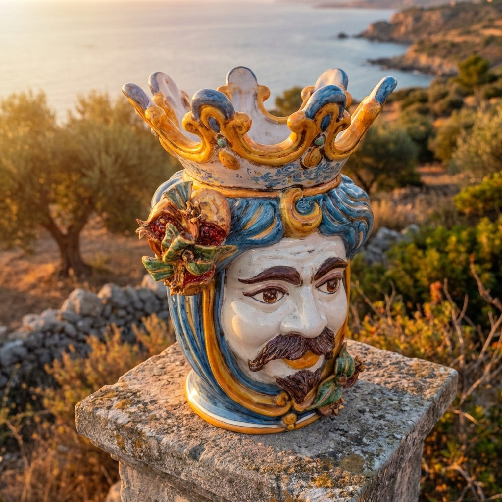 Ceramic Head with pomegranate h 40 blu/orange male