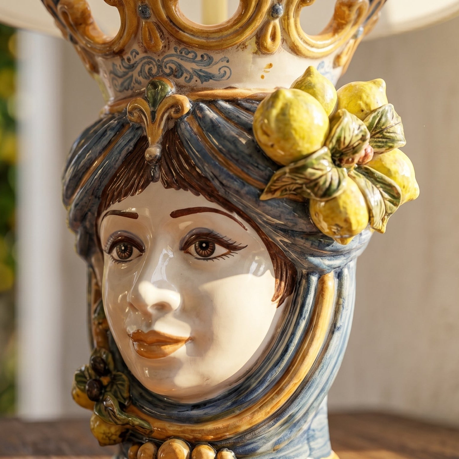 Italian Ceramic Lamp H 70 cm / 27.6", Woman, Blue and Orange – Sicilian ceramic lamp handcrafted in Caltagirone
