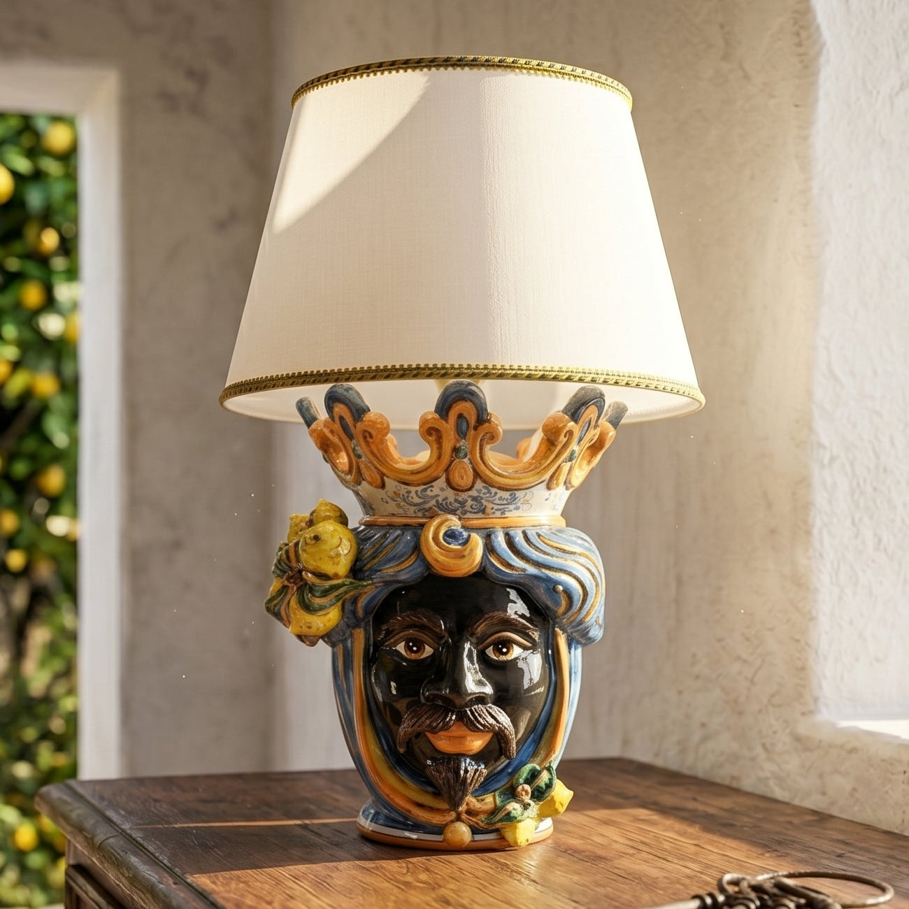 Ceramic Head lamp h 70 cm w/ sicilian lemons in blue/orange dark male