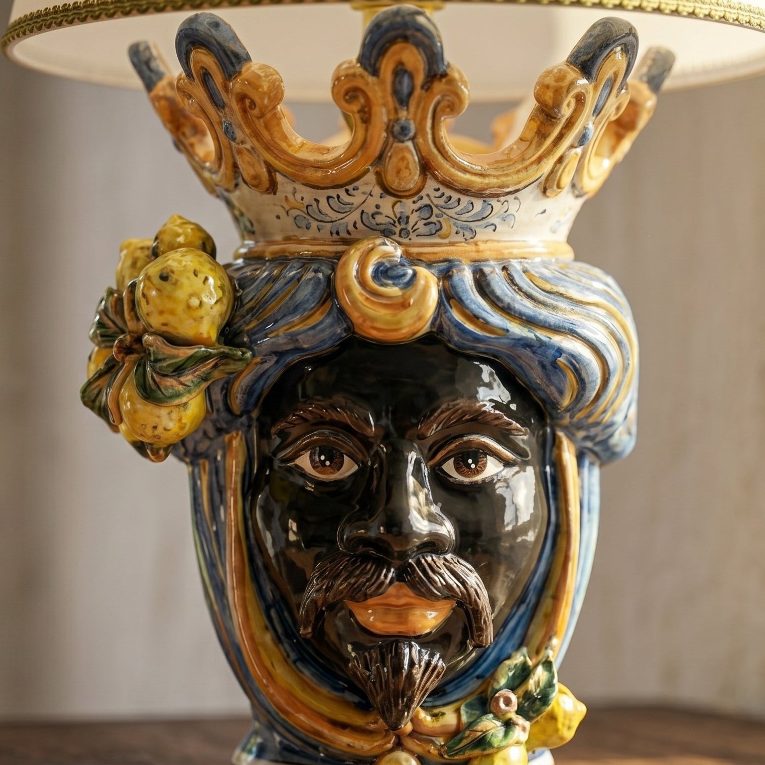 Ceramic Head lamp h 70 cm w/ sicilian lemons in blue/orange dark male
