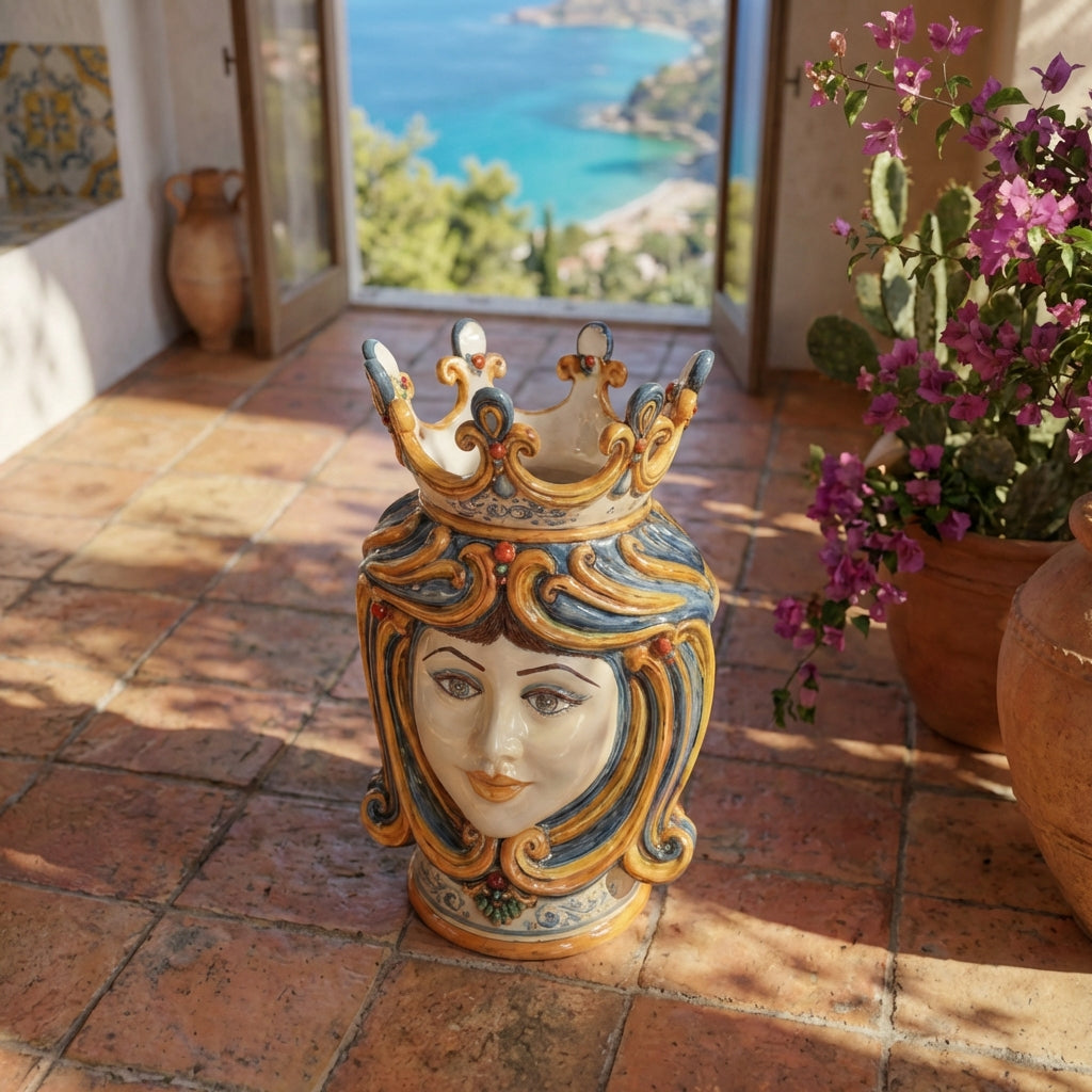 Sicilian Moor's Head H 60 cm / 23.6", Woman, Blue and Orange – Testa di Moro from Caltagirone, Sicily