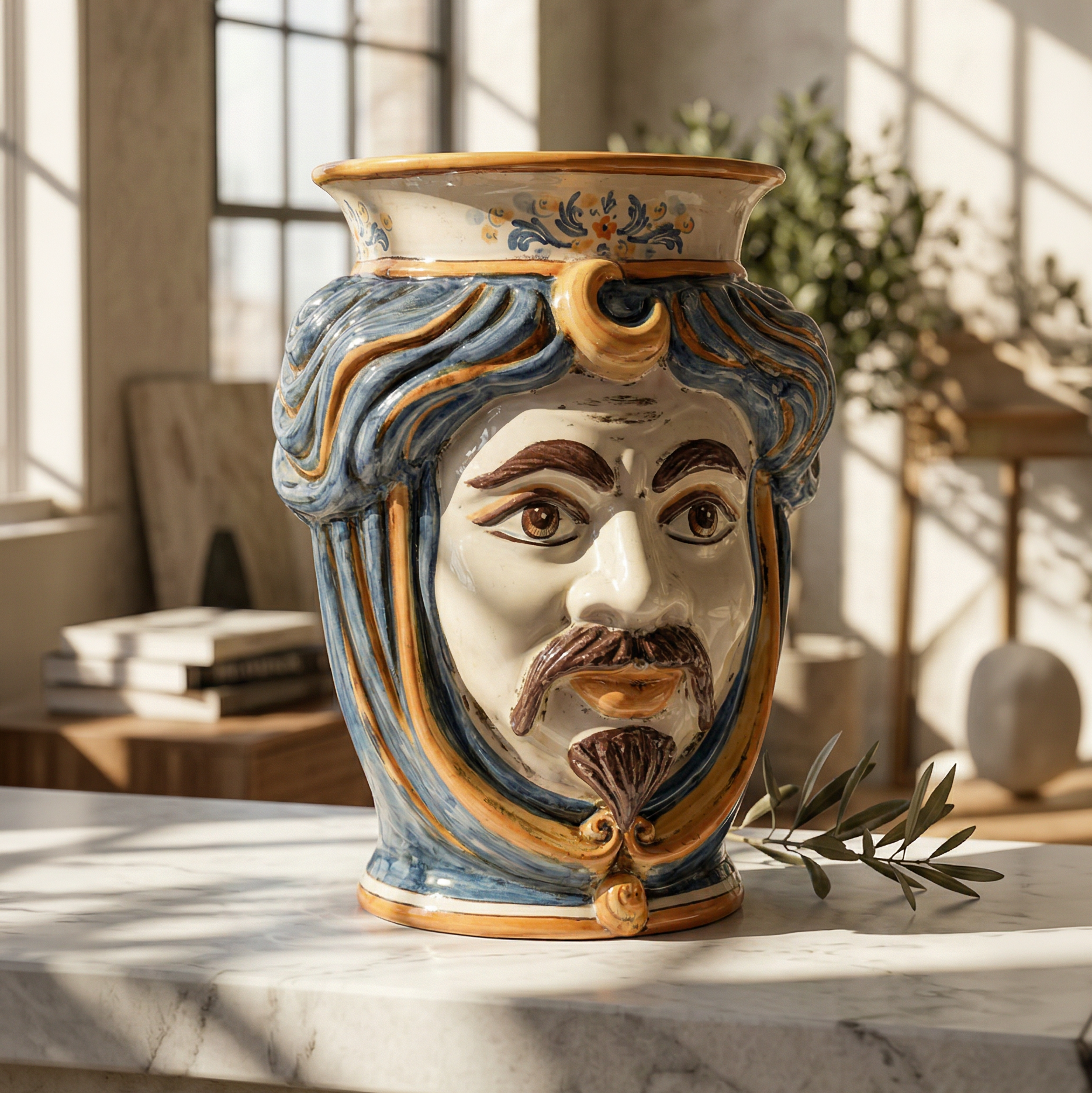 Cabeza de Moro H 33 cm, Hombre Blanco, Azul y Naranja – Testa di Moro de Caltagirone, Sicilia