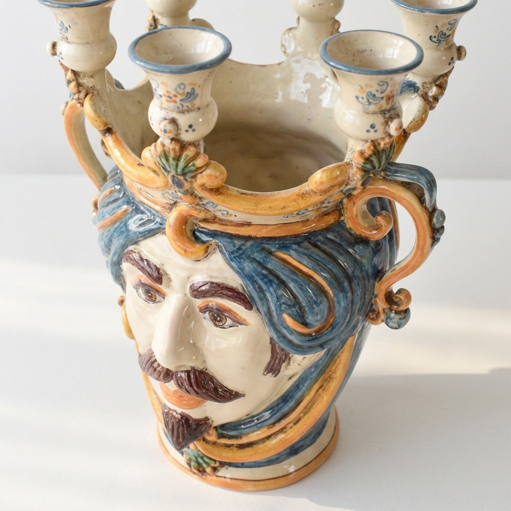 Ceramic Head with candle holder h 25 blu/orange male