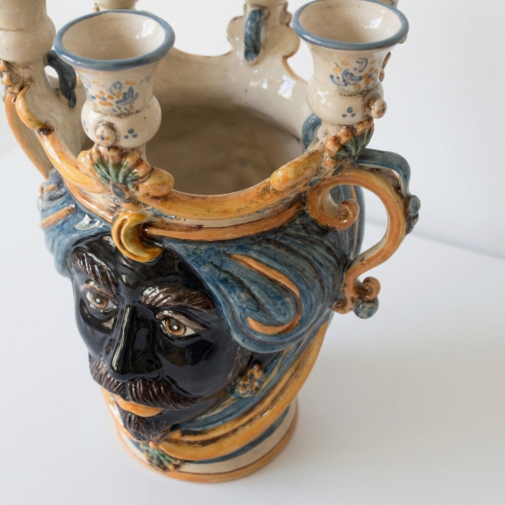 Ceramic Head with candle holder h 25 blu/orange male