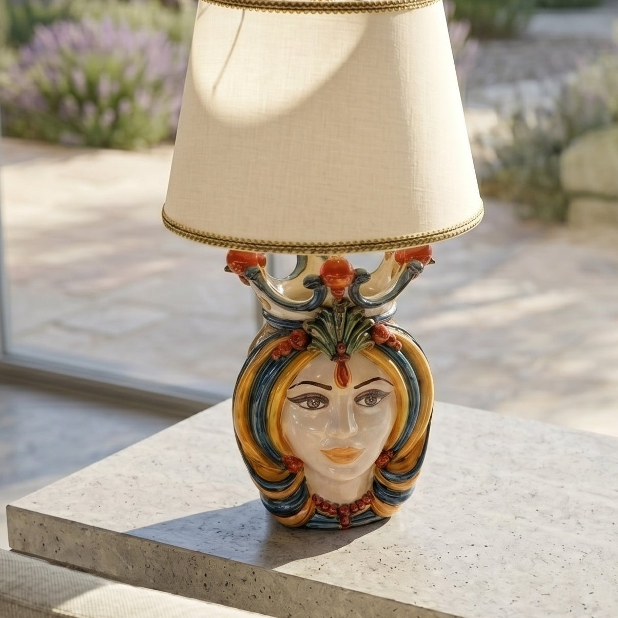 Italian Ceramic Lamp H 65 cm / 25.6", Woman, Blue and Orange – Italian ceramic from Caltagirone, Sicily
