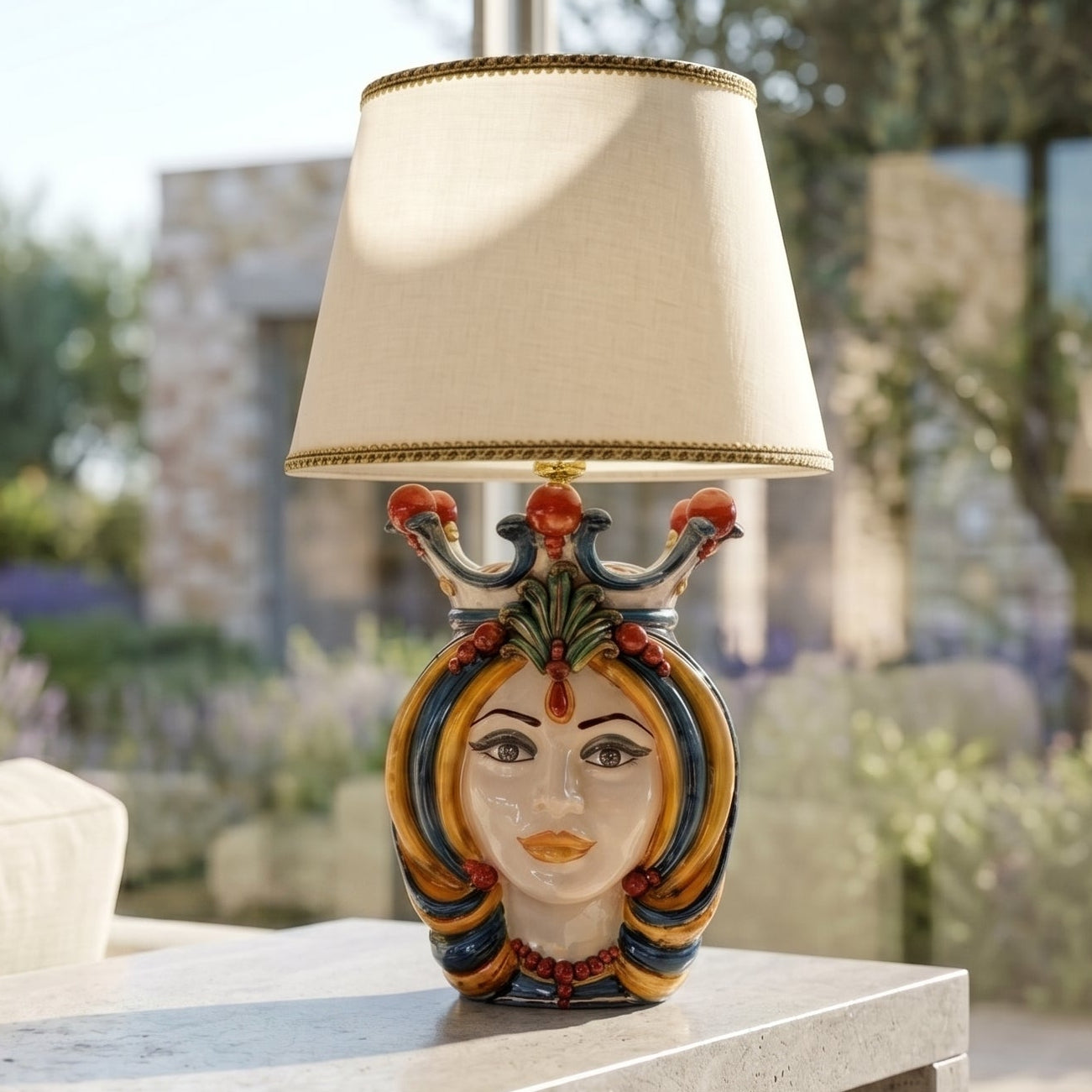 Ceramic Lamp Head of Sicily h 38 blu and orange female - Sofia Ceramiche artistic Ceramics