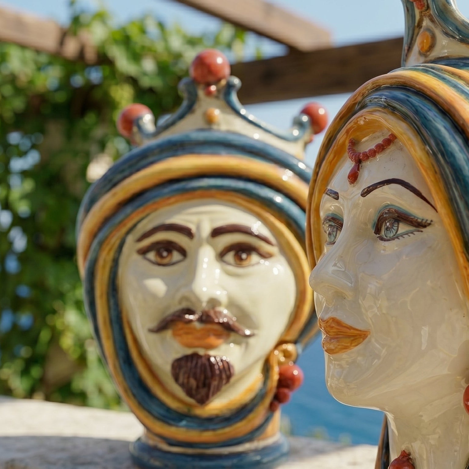 Sicilian Head Vase H 30 cm / 11.8", White Man, Blue and Orange – Testa di Moro from Caltagirone, Sicily