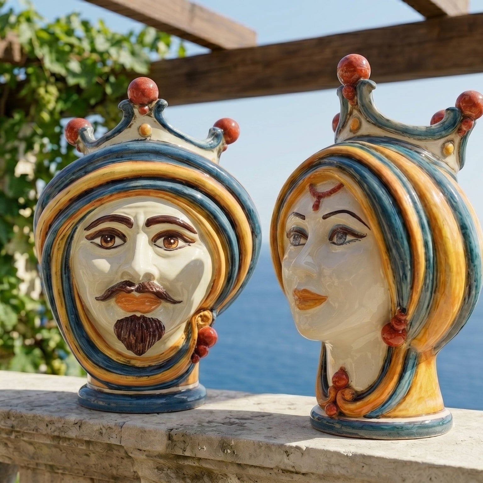 Sicilian Head Vase H 30 cm / 11.8", White Man, Blue and Orange – Testa di Moro from Caltagirone, Sicily