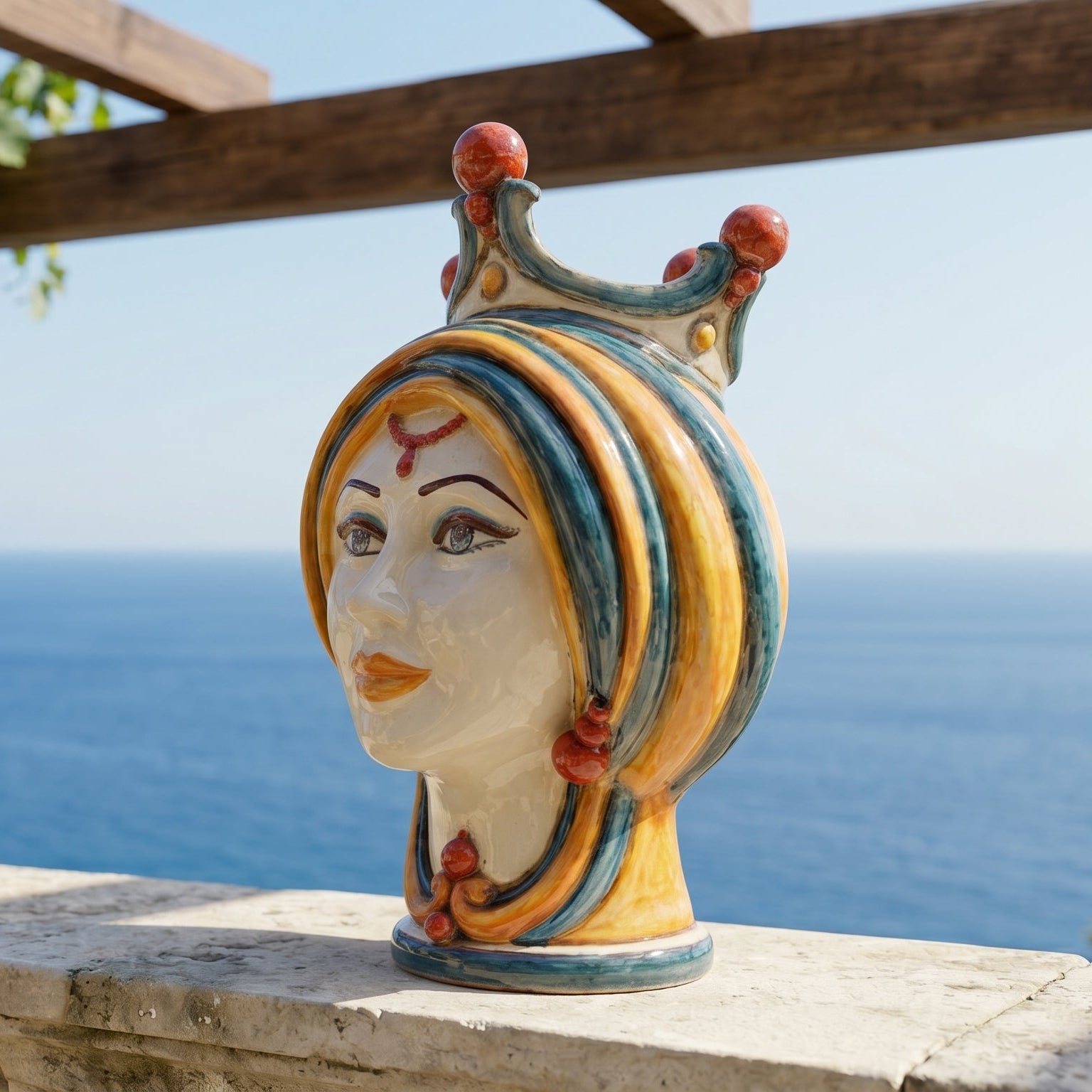 Moor's Head Vase H 30 cm / 11.8", Woman, Blue and Orange – Testa di Moro from Caltagirone, Sicily