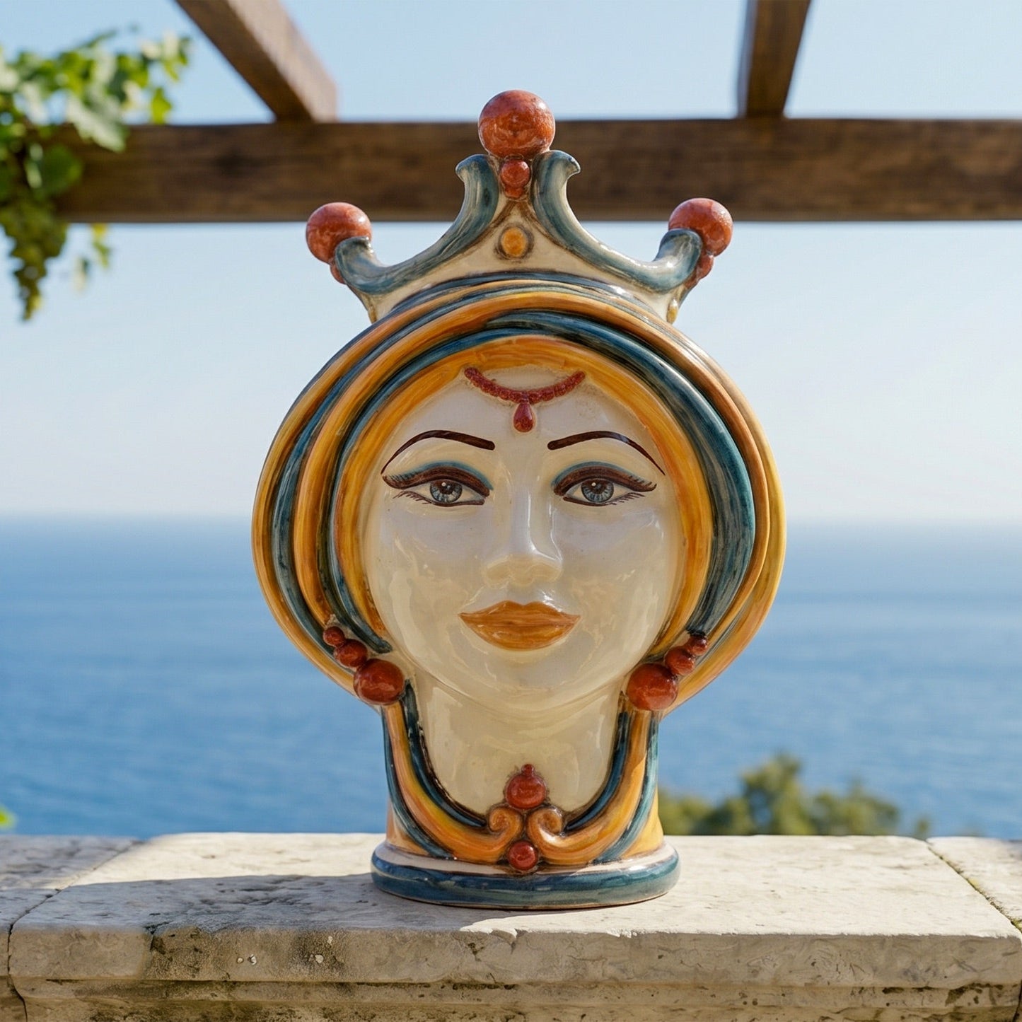 Moor's Head Vase H 30 cm / 11.8", Woman, Blue and Orange – Testa di Moro from Caltagirone, Sicily