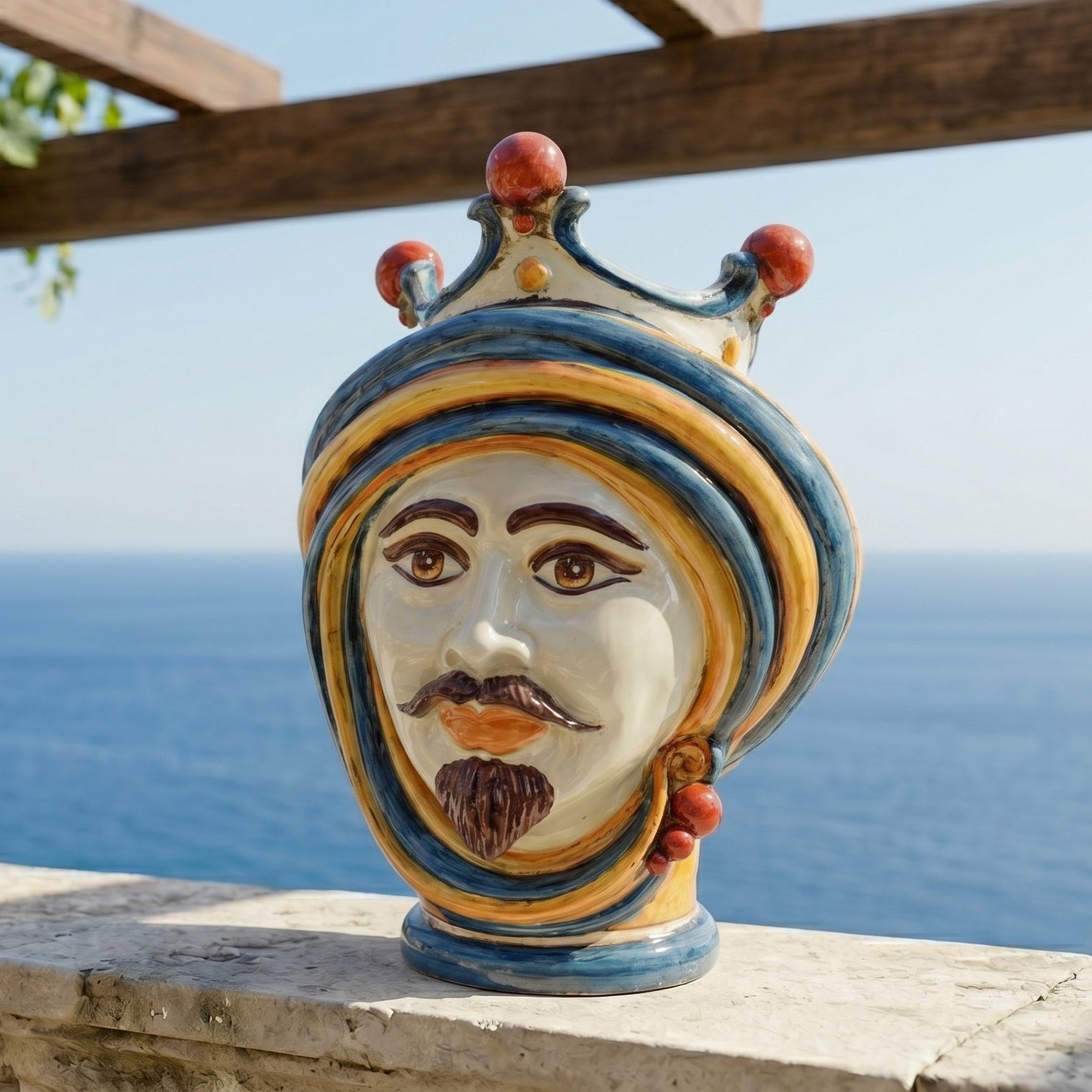 Sicilian Head Vase H 30 cm / 11.8", White Man, Blue and Orange – Testa di Moro from Caltagirone, Sicily
