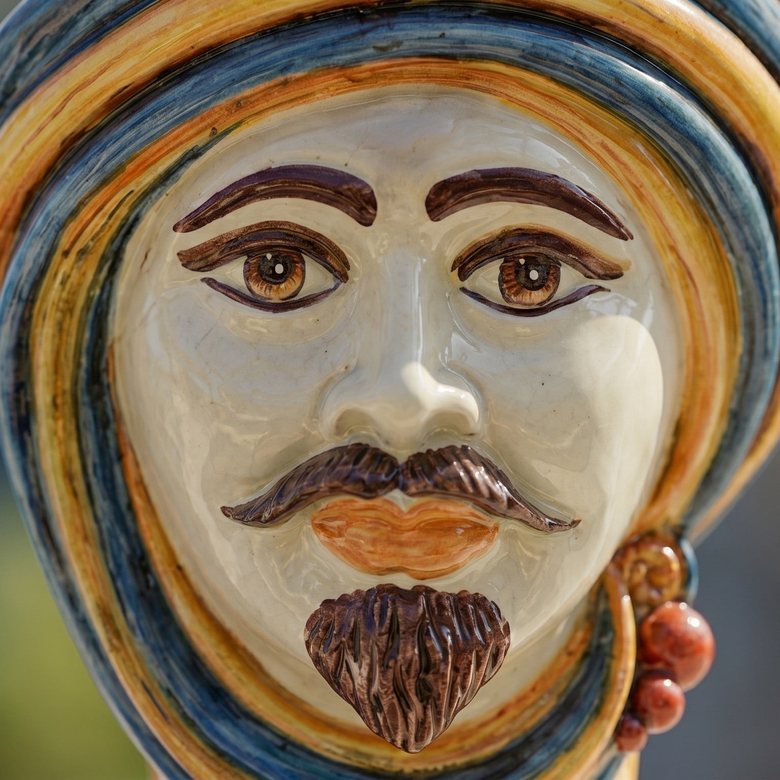 Sicilian Head Vase H 30 cm / 11.8", White Man, Blue and Orange – Testa di Moro from Caltagirone, Sicily
