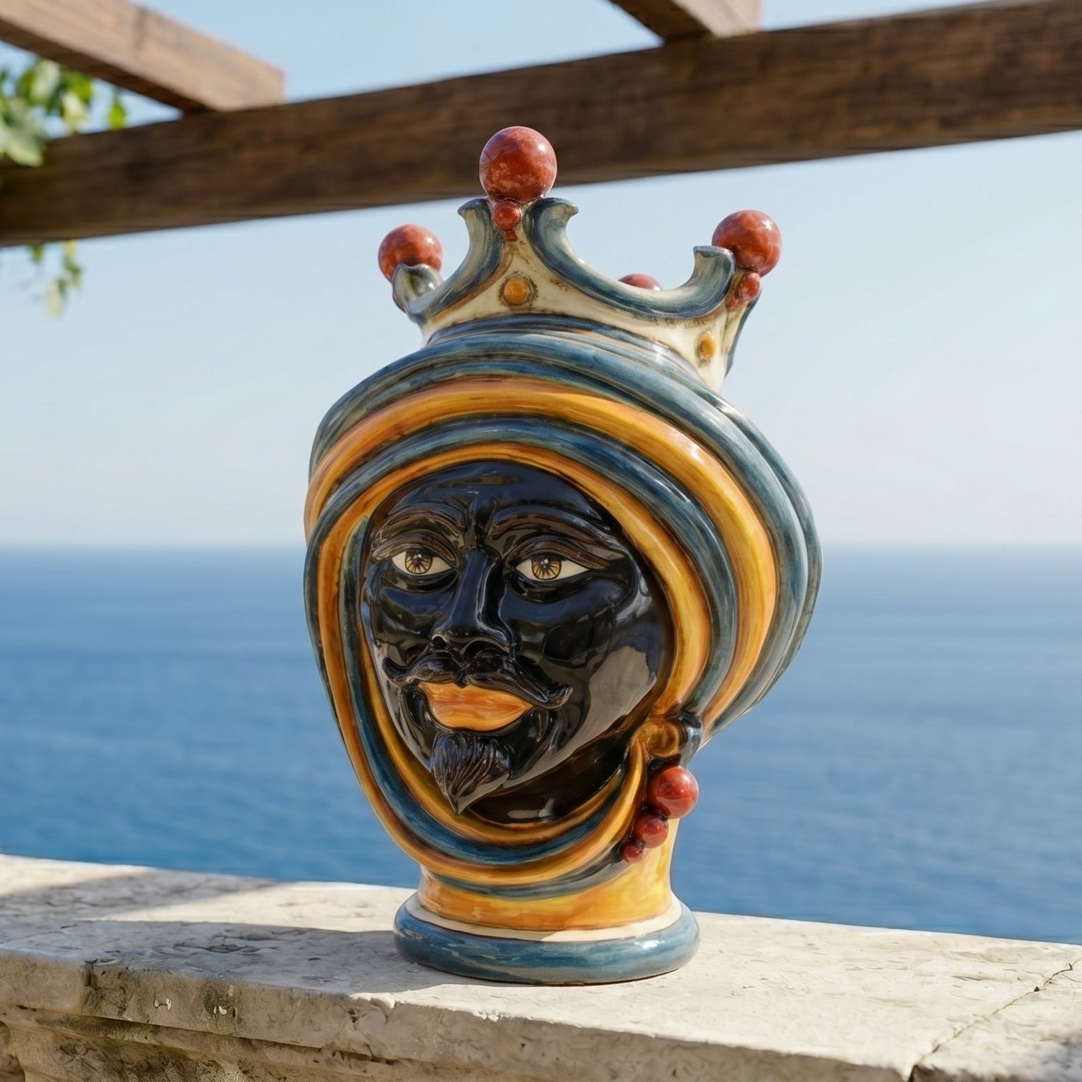 Moor's Head Vase H 30 cm / 11.8", Moro Man, Blue and Orange – Testa di Moro from Caltagirone, Sicily