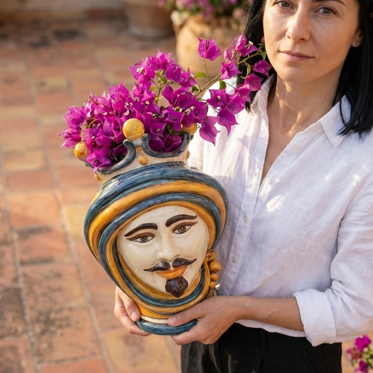 Maurenkopf-Vase H 30 cm, Mann, Blau und Orange – Testa di Moro aus Caltagirone, Sizilien