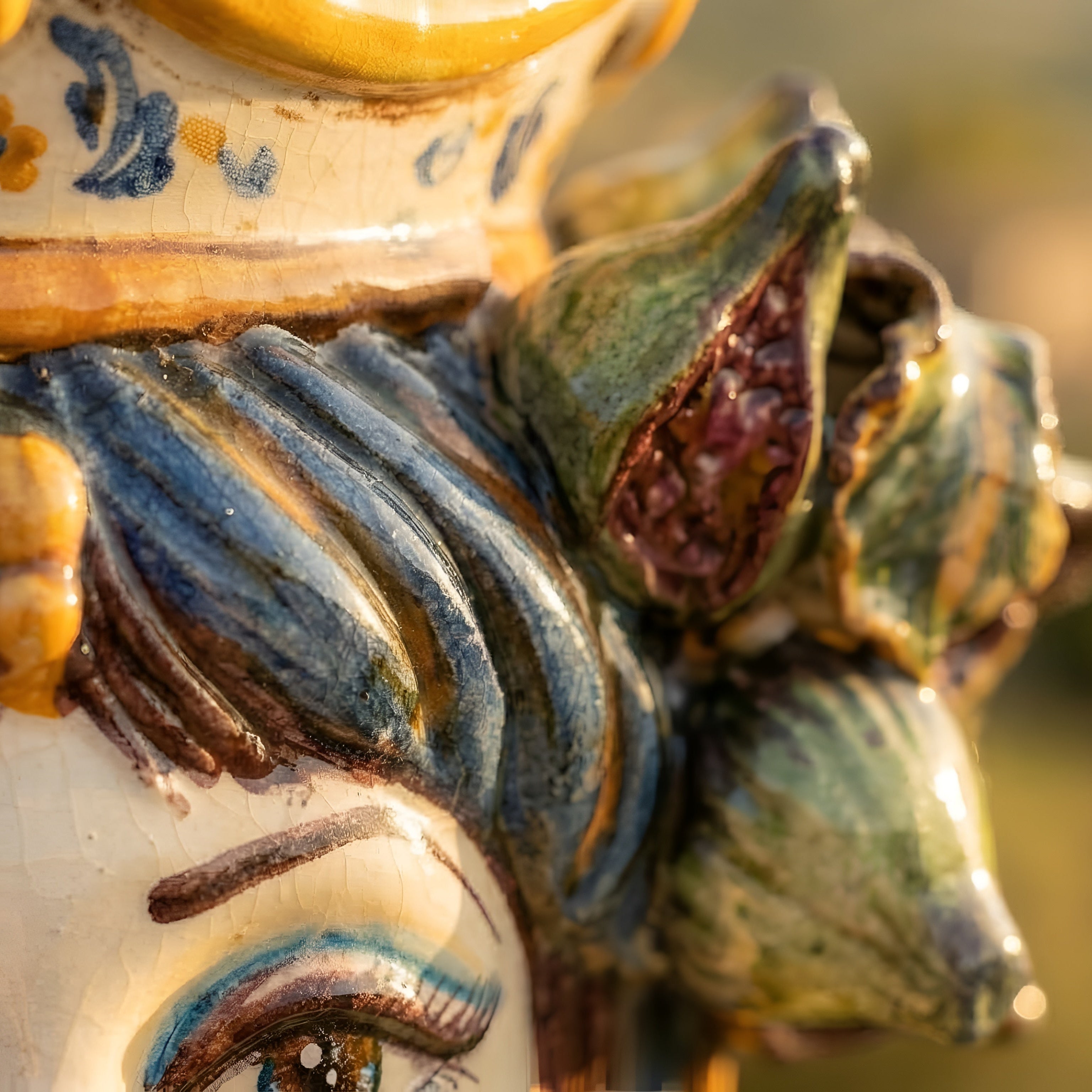 Moor's Head Vase with Figs H 25 cm / 9.8", Woman, Blue and Orange – Testa di Moro from Caltagirone, Sicily