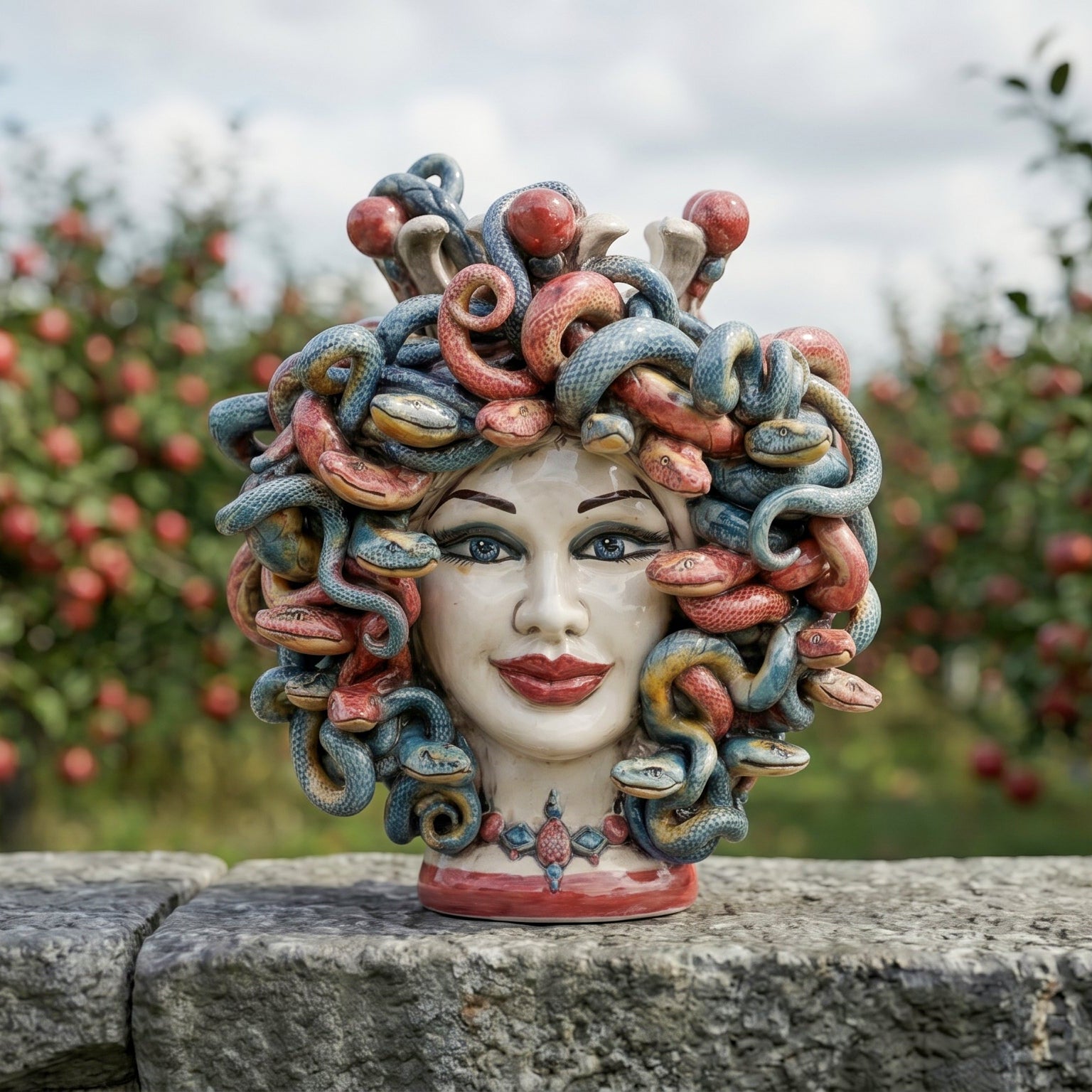 Tête Méduse H 25 cm avec Perles – Con Perline Bordeaux | Ceramica Caltagirone, – Tête de Maure de Caltagirone, Sicile