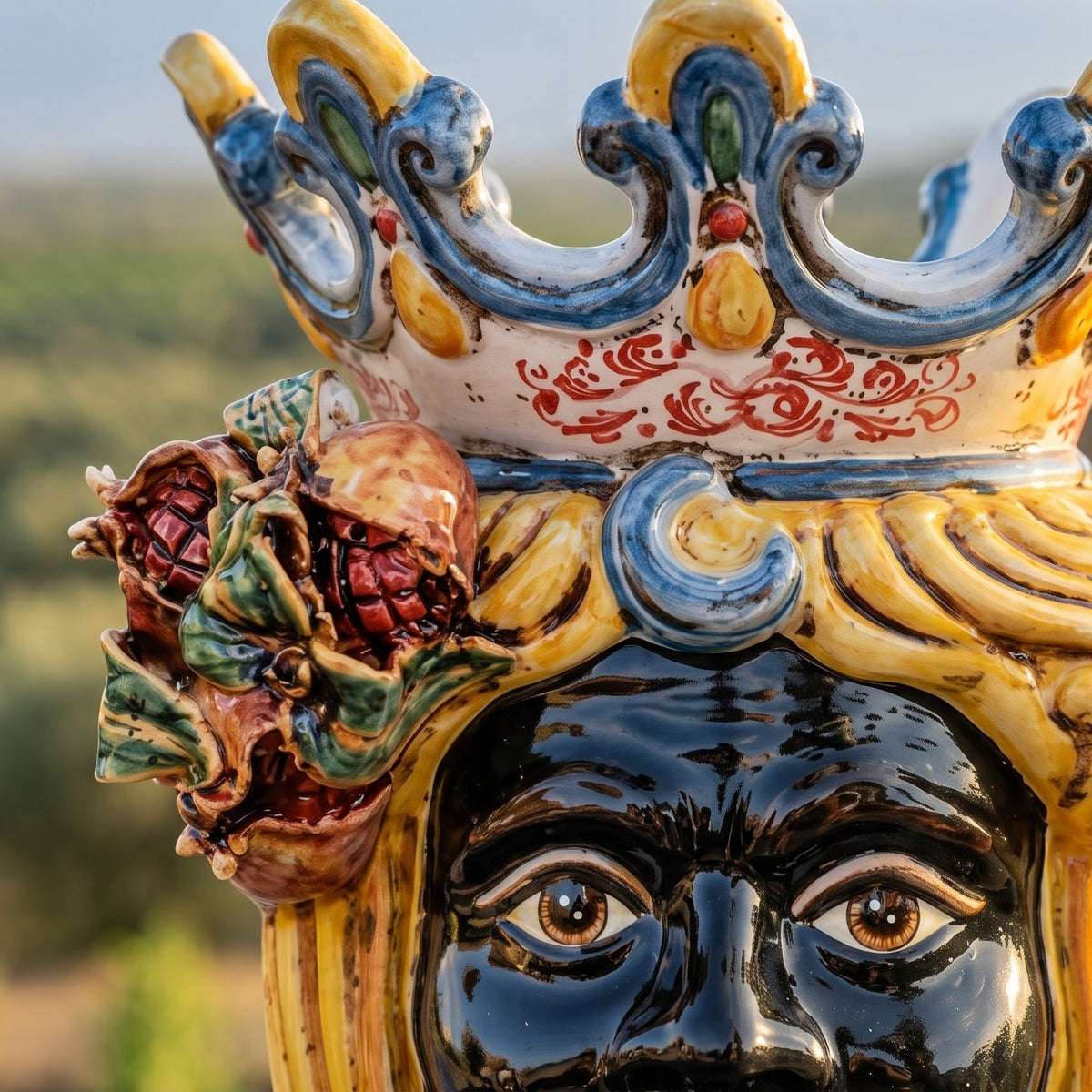 Sicilian Moor's Head with Pomegranates H 40 cm / 15.7", Male, Yellow and Orange – Testa di Moro from Caltagirone, Sicily