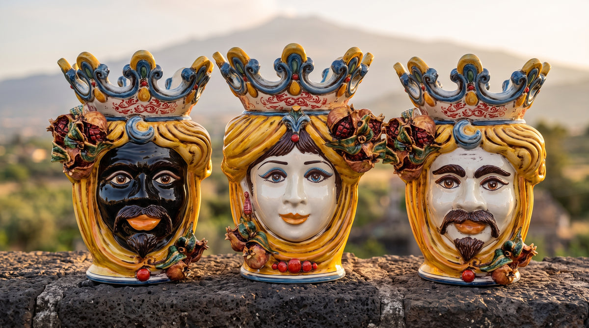 Sicilian Moor's Head with Pomegranates H 40 cm / 15.7", Woman, Yellow and Orange – Testa di Moro from Caltagirone, Sicily