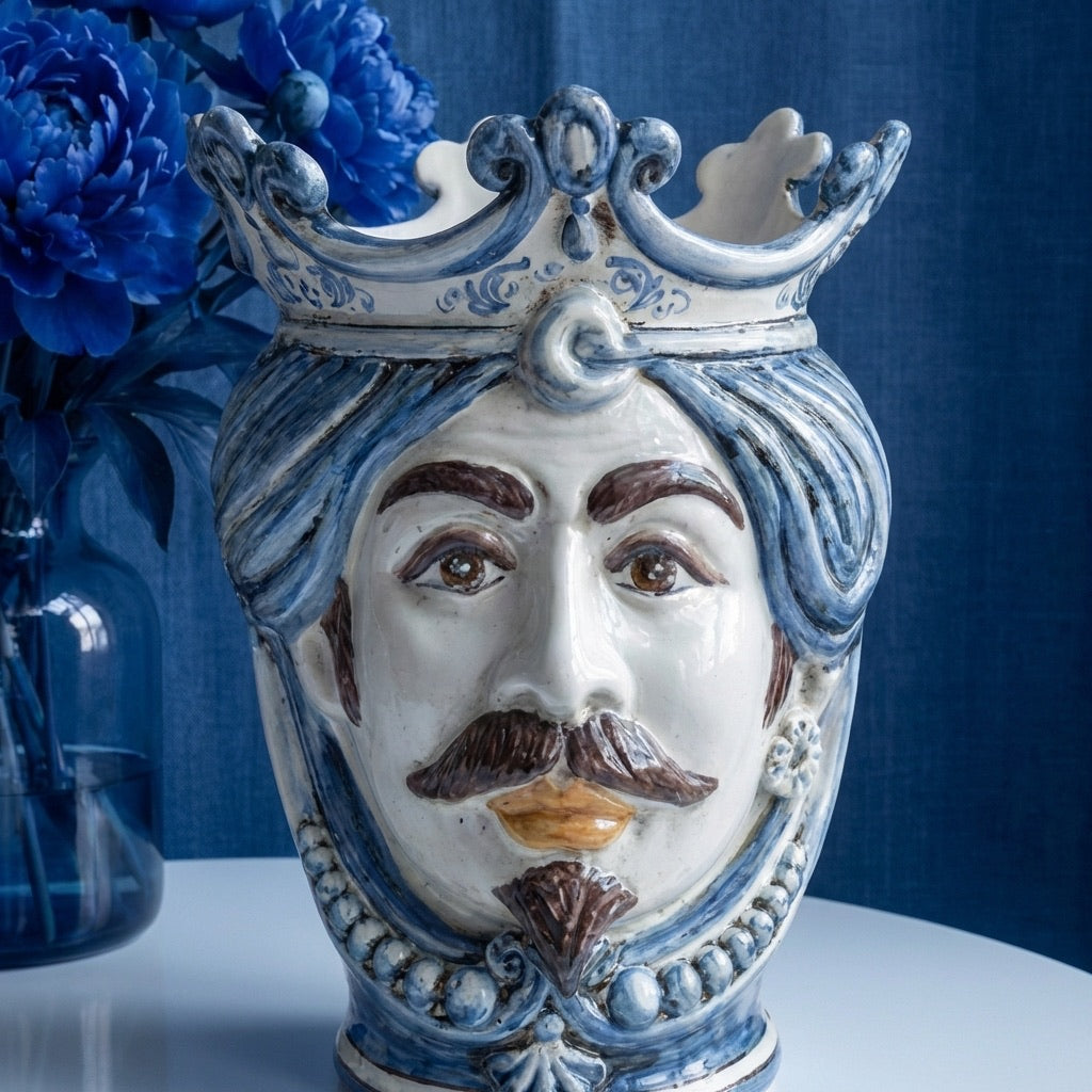 Moor's Head Vase with Beads H 25 cm / 9.8", White Man, Mono Blue – Testa di Moro from Caltagirone, Sicily