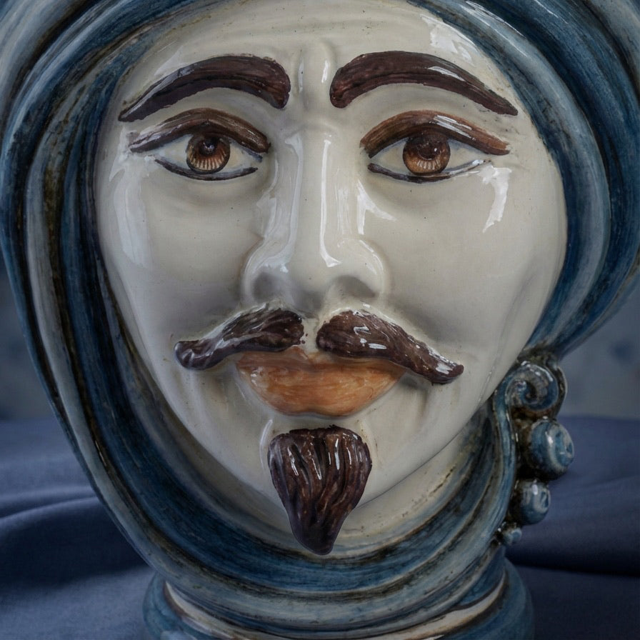 Sicilian Moor's Head H 30 cm / 11.8", White Man, Mono Blue – Testa di Moro from Caltagirone, Sicily