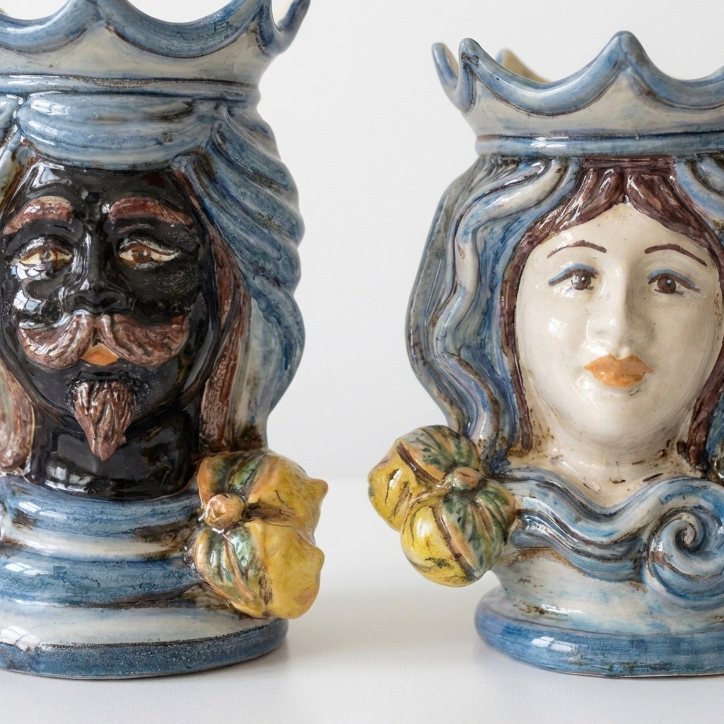 Sicilian Head Vase H 15 cm / 5.9", Moro Man, Mono Blue – Testa di Moro from Caltagirone, Sicily