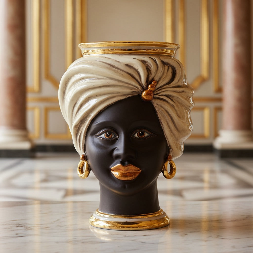 Cabeza Tuareg H 20 cm, Mujer, Madreperla – Testa di Moro de Caltagirone, Sicilia