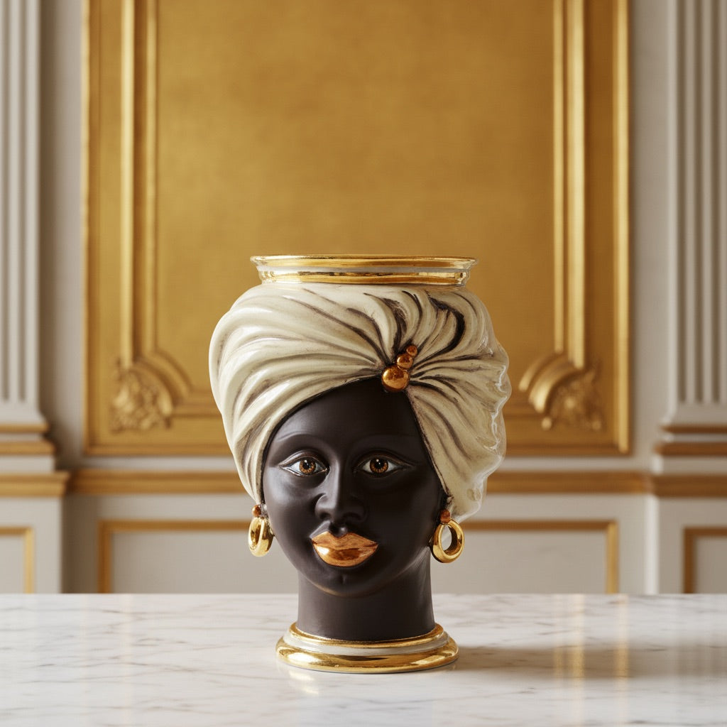 Cabeza Tuareg H 20 cm, Mujer, Madreperla – Testa di Moro de Caltagirone, Sicilia