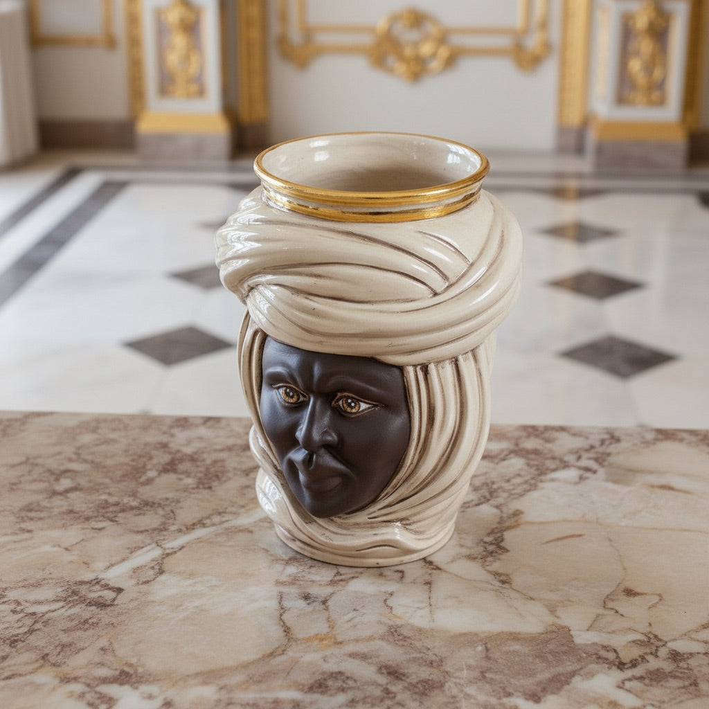 Cabeza Tuareg H 20 cm, Hombre, Madreperla – Testa di Moro de Caltagirone, Sicilia