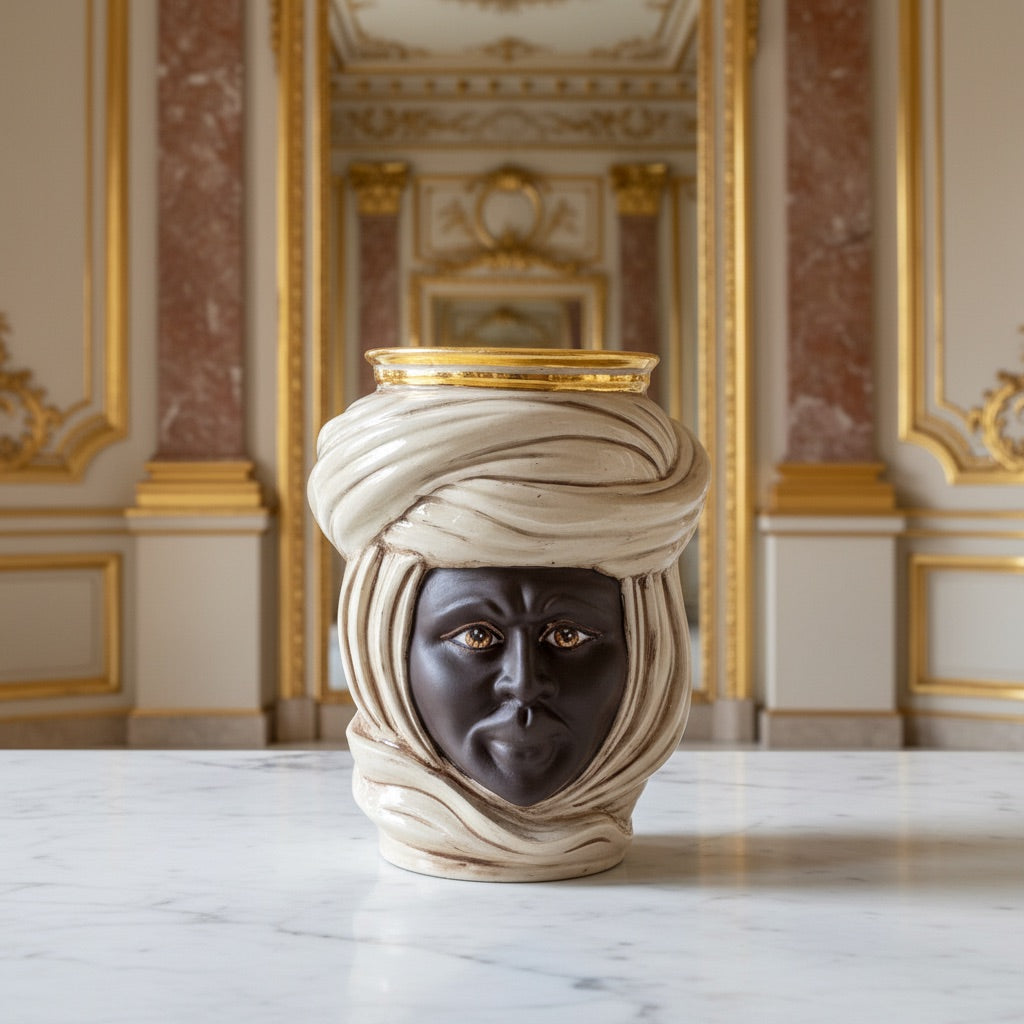 Cabeza Tuareg H 20 cm, Hombre, Madreperla – Testa di Moro de Caltagirone, Sicilia