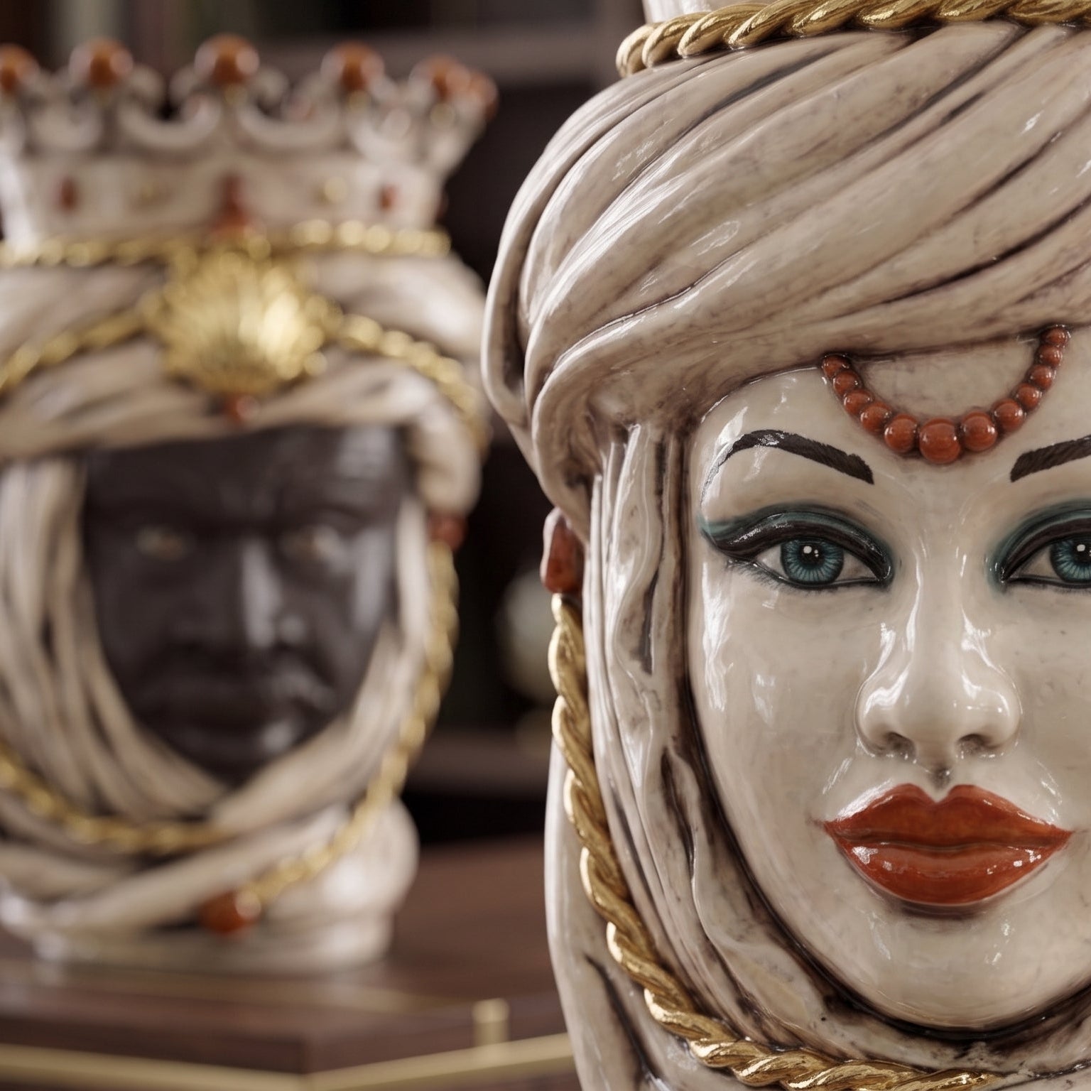 Tête de Maure Sicilienne H 48 cm – Femme, Nacre Antique Or – Testa di Moro de Caltagirone, Sicile