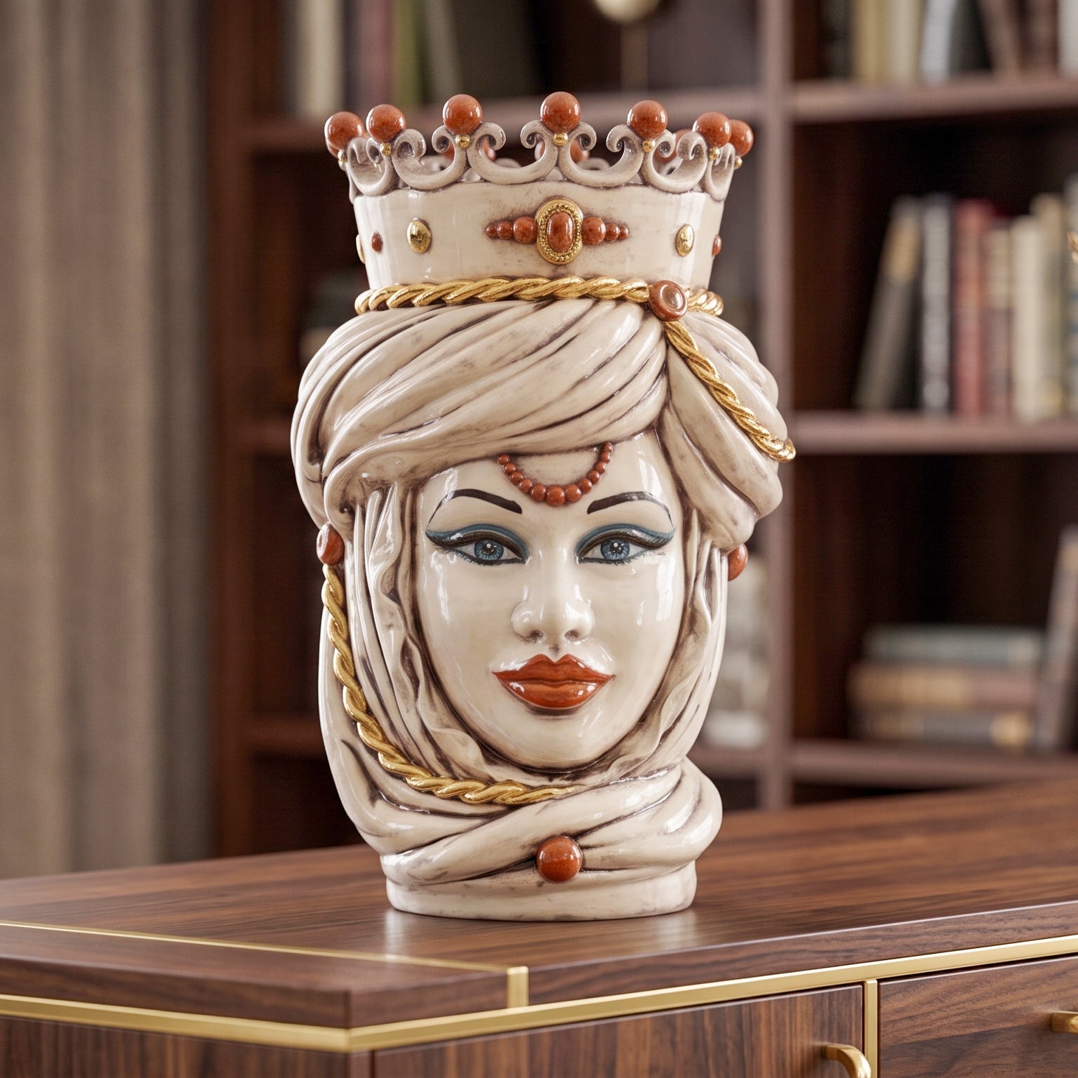 Tête de Maure Sicilienne H 48 cm – Femme, Nacre Antique Or – Testa di Moro de Caltagirone, Sicile