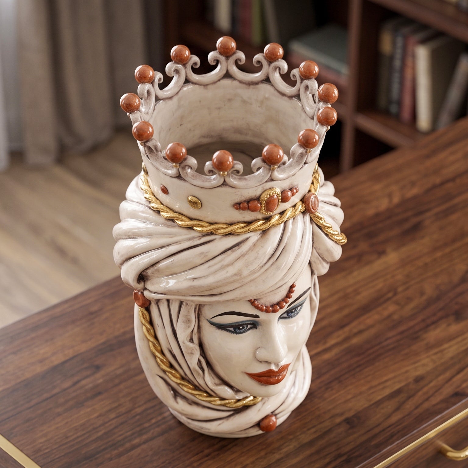 Tête de Maure Sicilienne H 48 cm – Femme, Nacre Antique Or – Testa di Moro de Caltagirone, Sicile
