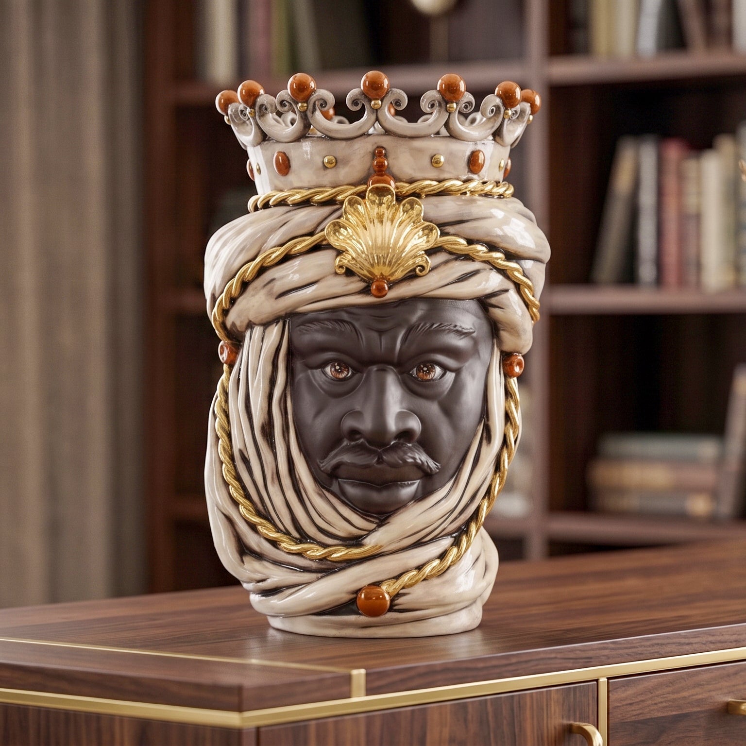Vase Tête de Maure H 48 cm – Homme Moro, Nacre Antique Or – Céramique Caltagirone – tradition sicilienne
