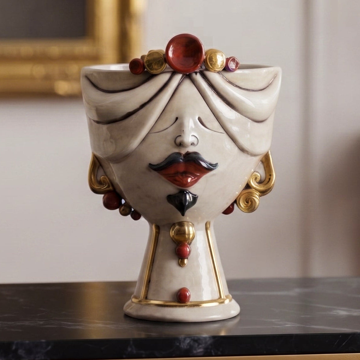 Tête de Maure Zahira H 30 cm – Male, Mother Of Pearl & 24K Gold, H 30 Cm – Tête de Maure de Caltagirone, Sicile