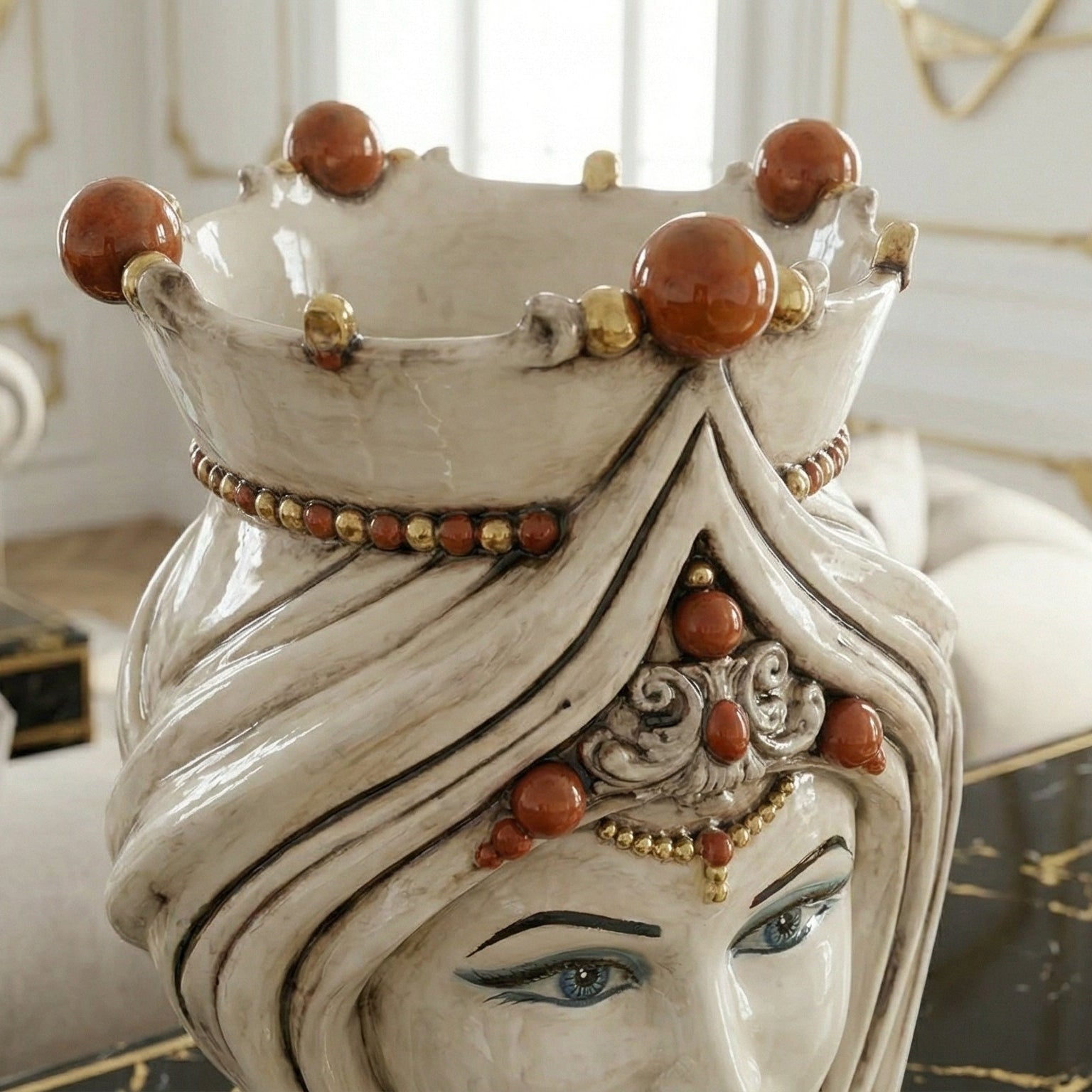 Cabeza de Moro con Turbante H 45 cm, Mujer, Madreperla Antigua – Testa di Moro de Caltagirone, Sicilia