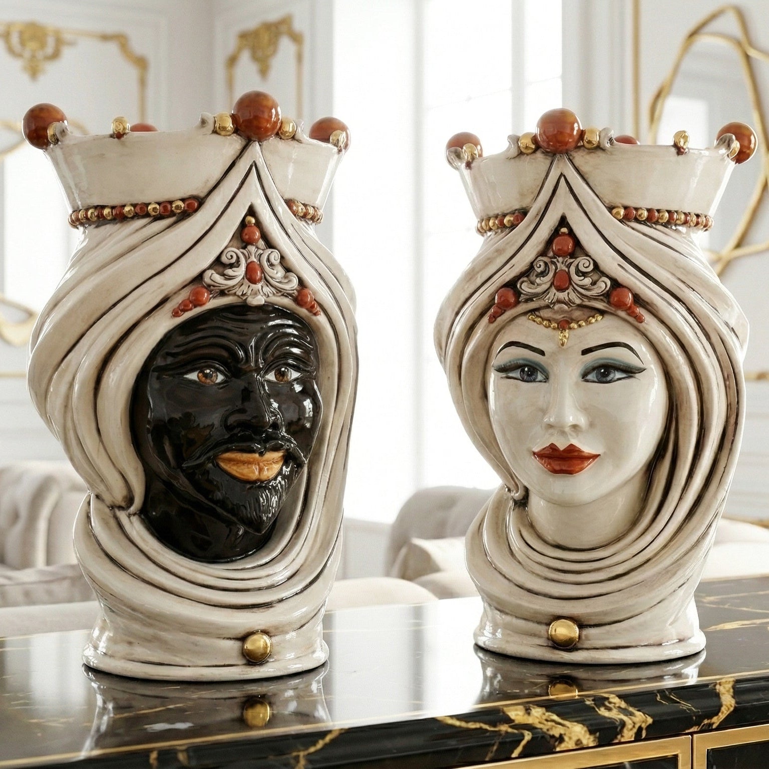 Cabeza de Moro con Turbante H 45 cm, Mujer, Madreperla Antigua – Testa di Moro de Caltagirone, Sicilia