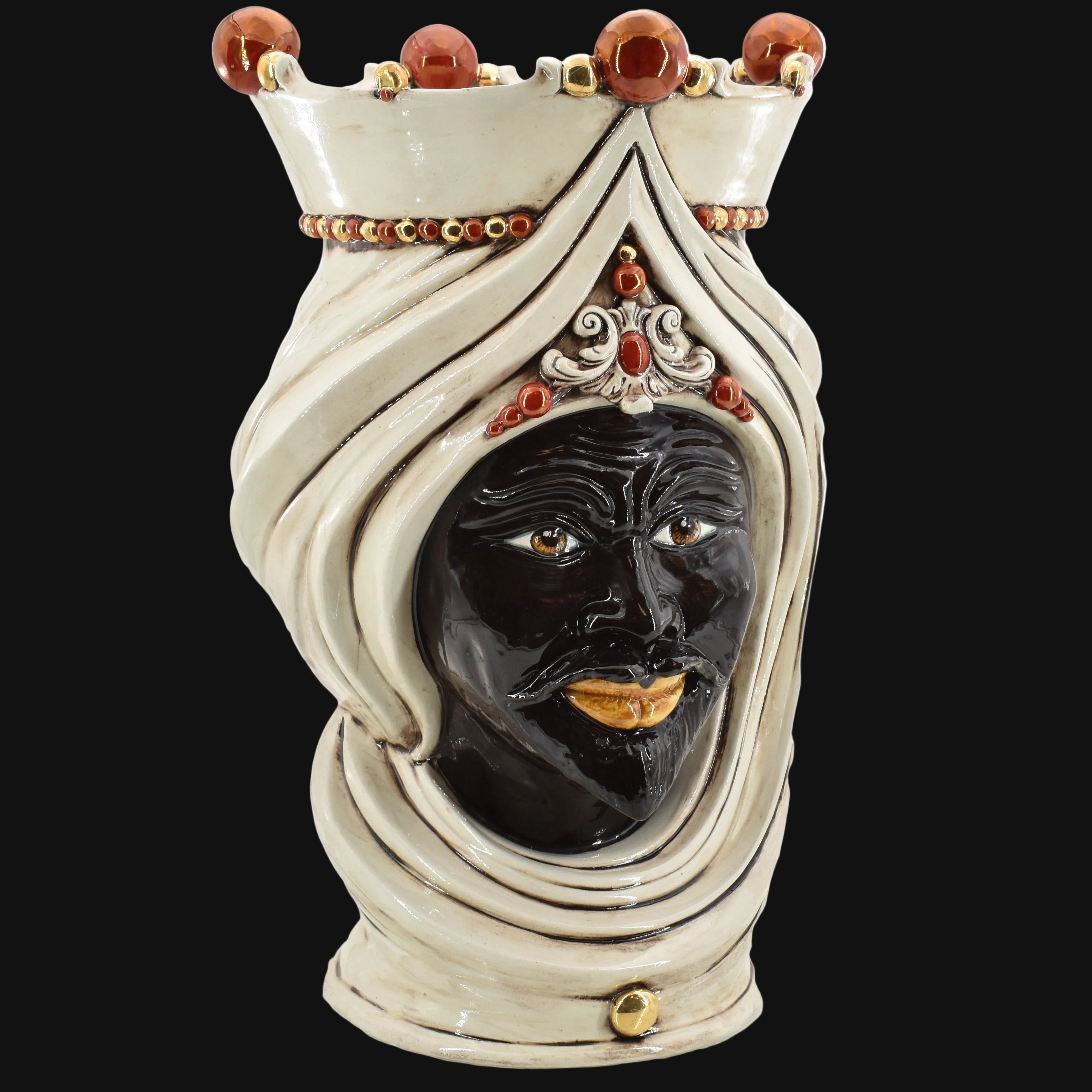 Cabeza Morisca con Turbante H 45 cm, Hombre, Madreperla Antigua – Testa di Moro de Caltagirone, Sicilia
