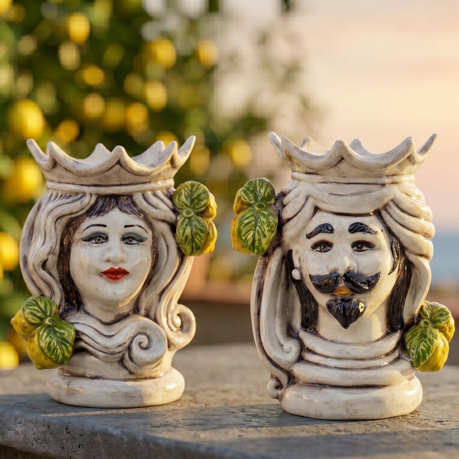 Testa di Moro Frau H 15 cm / 5¾" aus Caltagirone-Keramik — Zitronen Siziliens, Farbiges Perlmutt