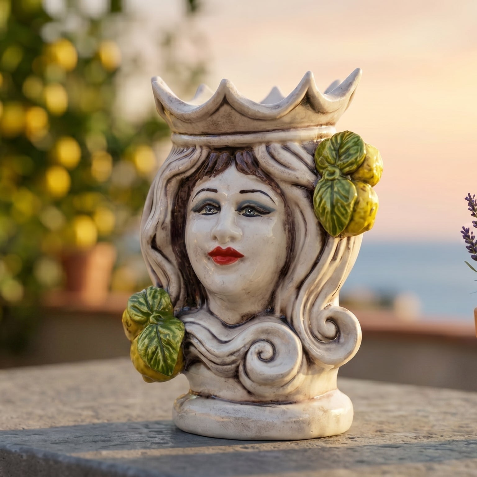 Testa di Moro Frau H 15 cm / 5¾" aus Caltagirone-Keramik — Zitronen Siziliens, Farbiges Perlmutt