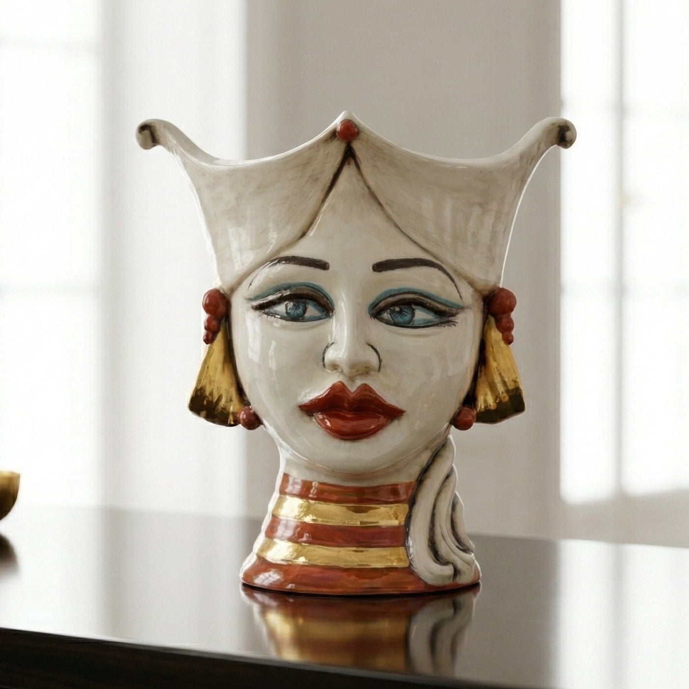 Aisha Sicilian Head Vase H 25 cm / 9.8", Woman, Mother of Pearl – Testa di Moro from Caltagirone, Sicily