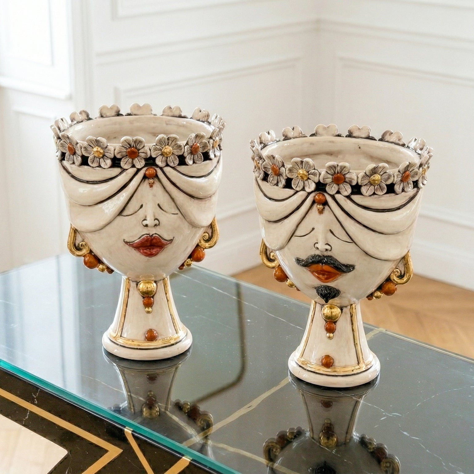 Zahira Moor's Head Woman with Flowers Mother of Pearl Antiqued with Gold and Lustres