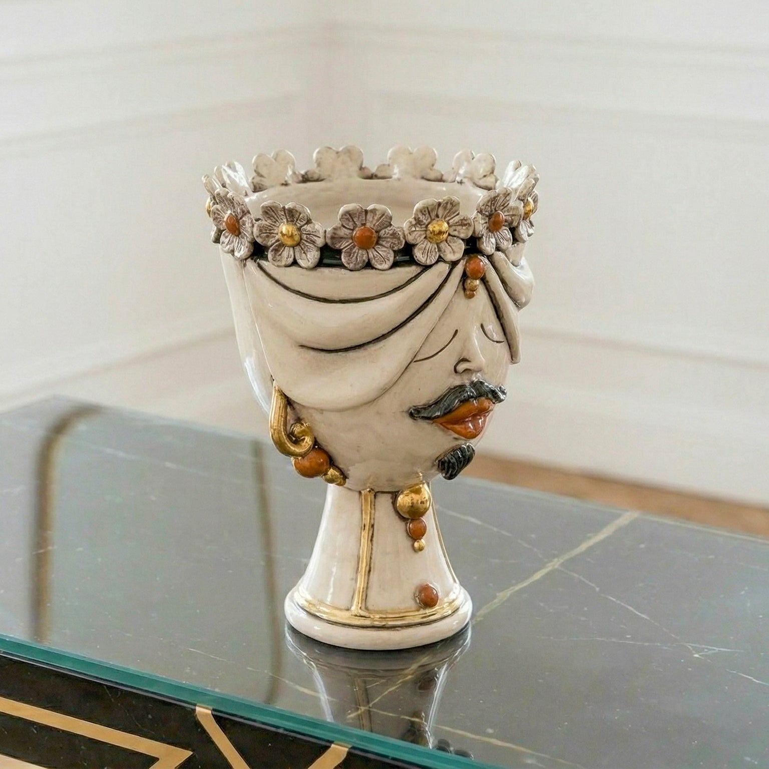 Zahira Man's Moor's Head with Flowers Mother of Pearl Antiqued with Gold and Lustres