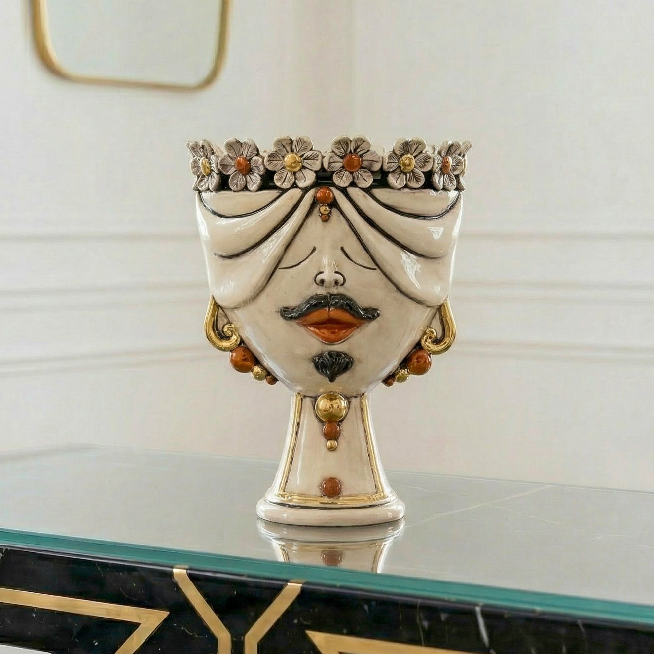 Zahira Man's Moor's Head with Flowers Mother of Pearl Antiqued with Gold and Lustres