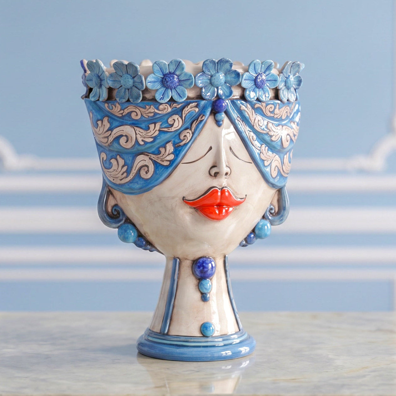 Cabeza Siciliana con Flores H 30 cm, Mujer, Madreperla Antigua – Testa di Moro de Caltagirone, Sicilia