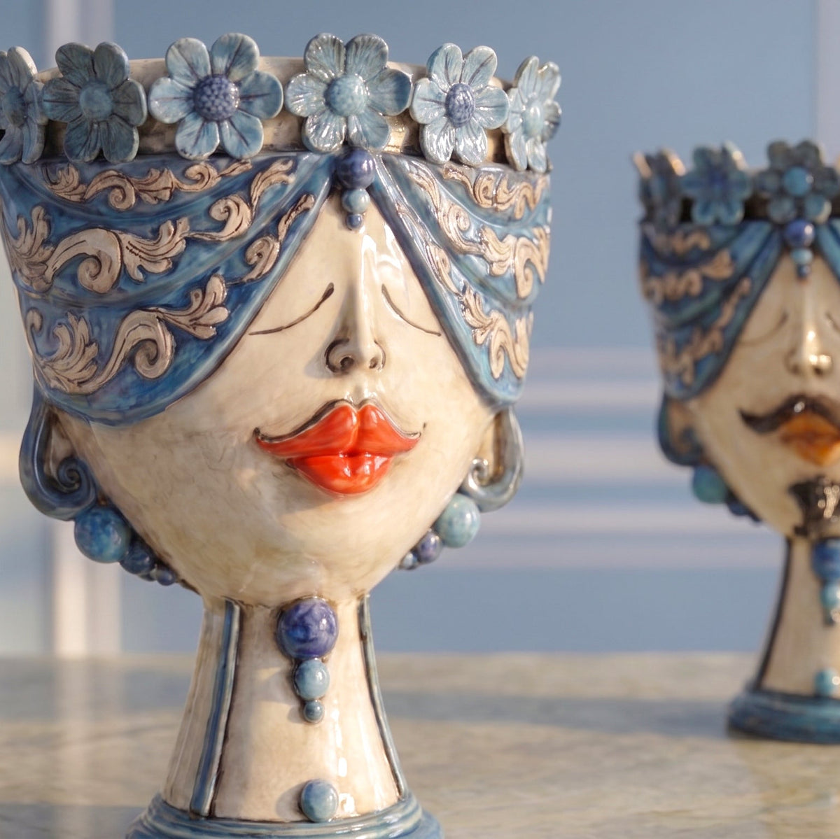 Sicilian Head Vase with Flowers H 30 cm / 11.8", Woman, Antique Mother of Pearl – Testa di Moro from Caltagirone, Sicily