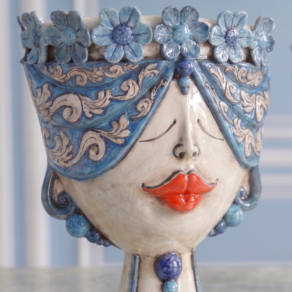 Sicilian Head Vase with Flowers H 30 cm / 11.8", Woman, Antique Mother of Pearl – Testa di Moro from Caltagirone, Sicily