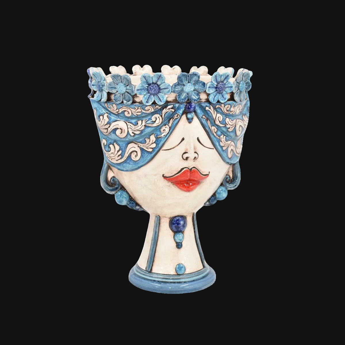 Sicilian Head Vase with Flowers H 30 cm / 11.8", Woman, Antique Mother of Pearl – Testa di Moro from Caltagirone, Sicily
