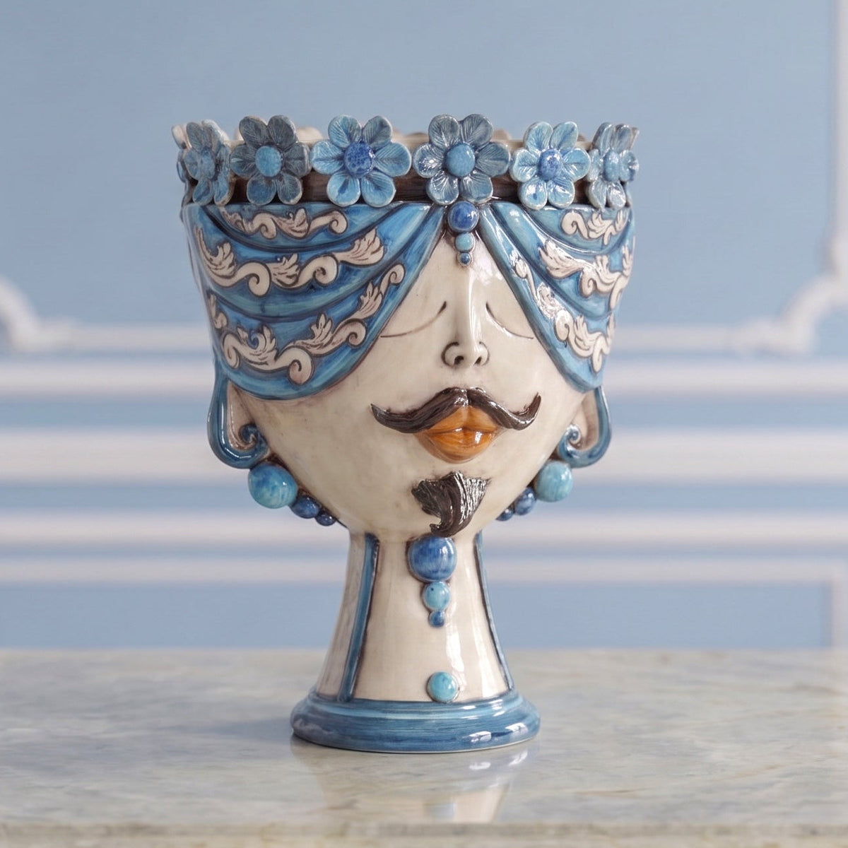 Testa Zahira con Fiori h 30 cm - Maschio, Madreperla Antichizzato | Ceramica Caltagirone
