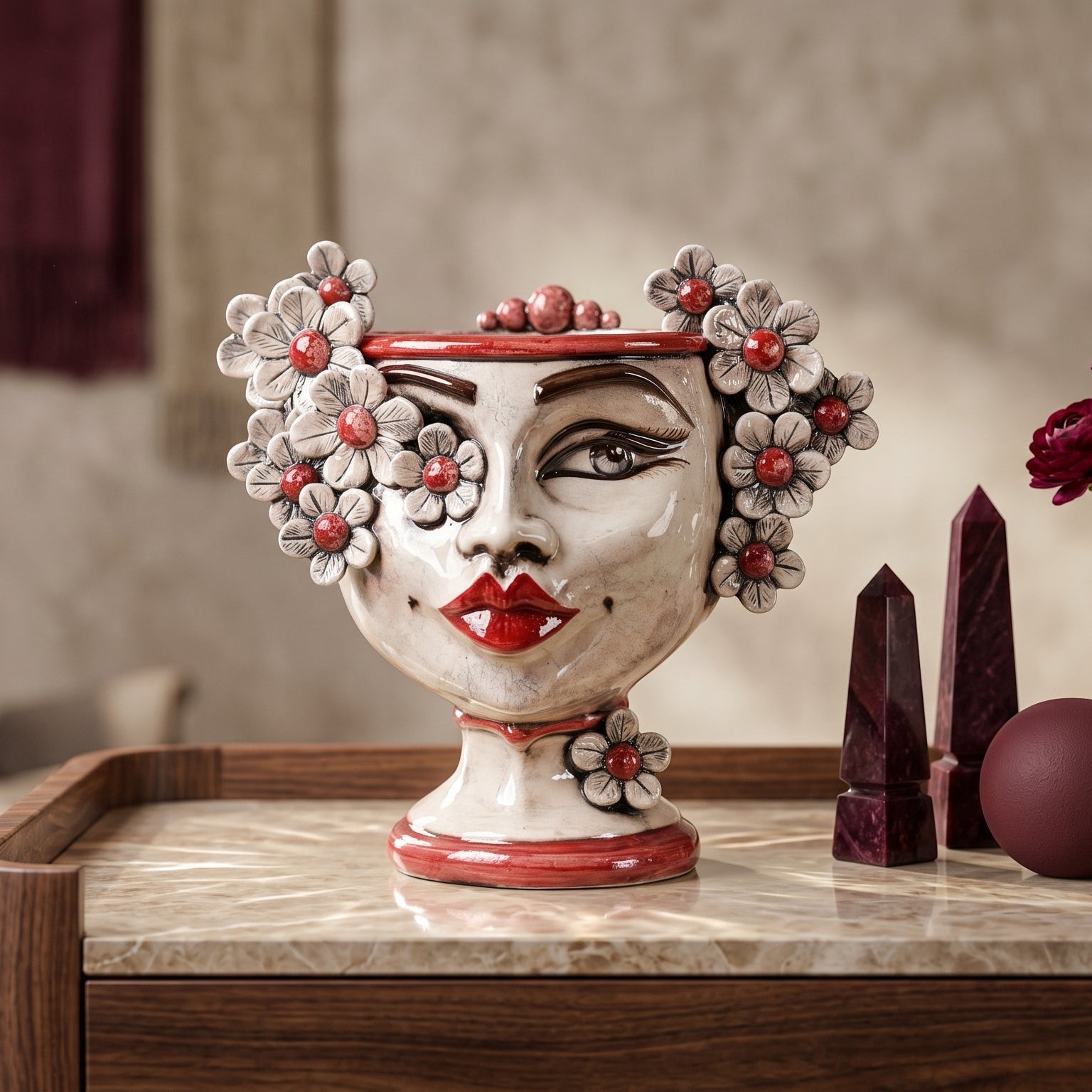 Head h 20 w/flowers w/expression red lips mother of pearl colored mono bordeaux female