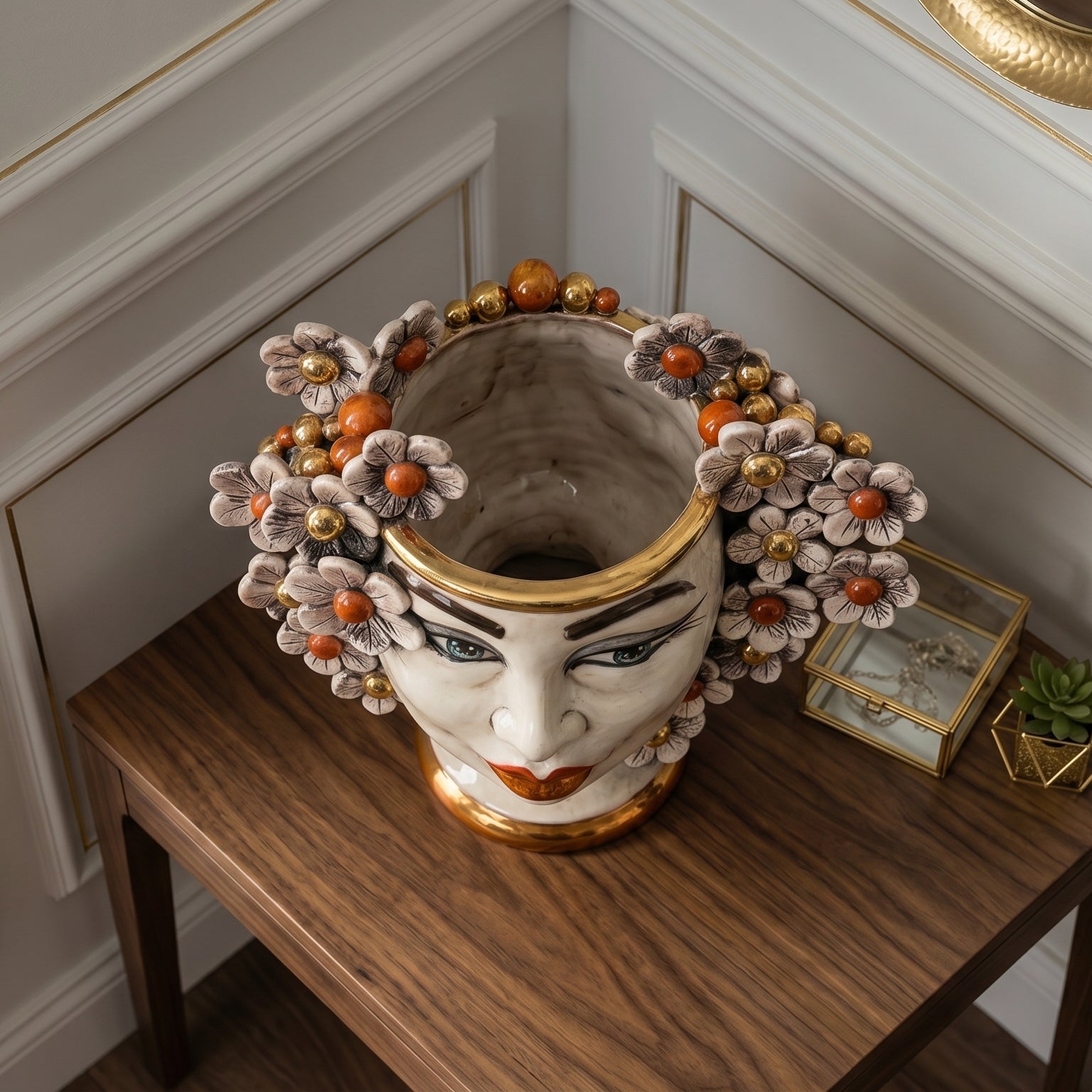 Head h 20 w/flowers w/expression mother of pearl gold and lustres female